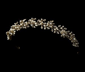 Gold Ivory Pearl Rhinestone Flower Headband Tiara