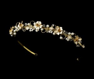 Gold Swarovski Crystal Pearl Flower Tiara Headband