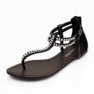 Black Rhinestone T Strap Flat Sandal Womens Shoes