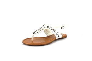 White Studded T Strap Flat Sandal Womens Shoes