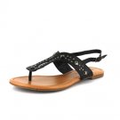 Black Studded T Strap Flat Sandal Womens Shoes
