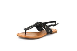 Black Studded T Strap Flat Sandal Womens Shoes