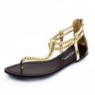 Gold Rhinestone T Strap Flat Sandal Womens Shoes