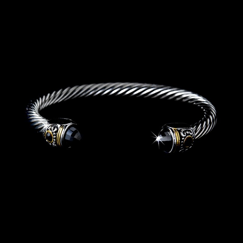 Silver Black Rhinestone Tipped Bangle Bracelet