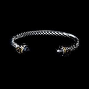 Silver Black Rhinestone Tipped  Bangle Bracelet