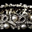 Silver Rhinestone White Pearl Ribbon Stretch Bracelet