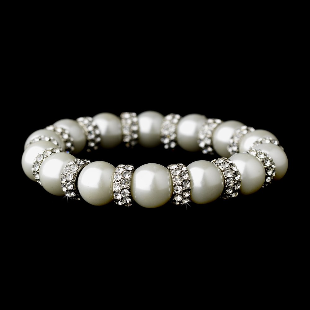 Silver White Pearl Genuine Crystal Stretch Bracelet