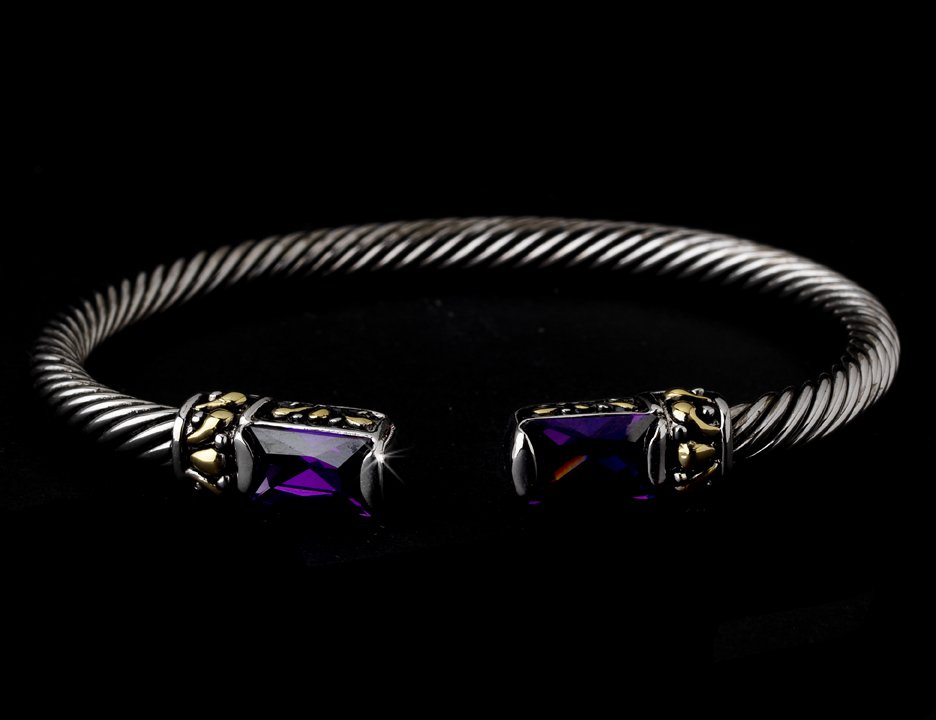 Silver Amethyst Gold Tipped Bangle Bracelet