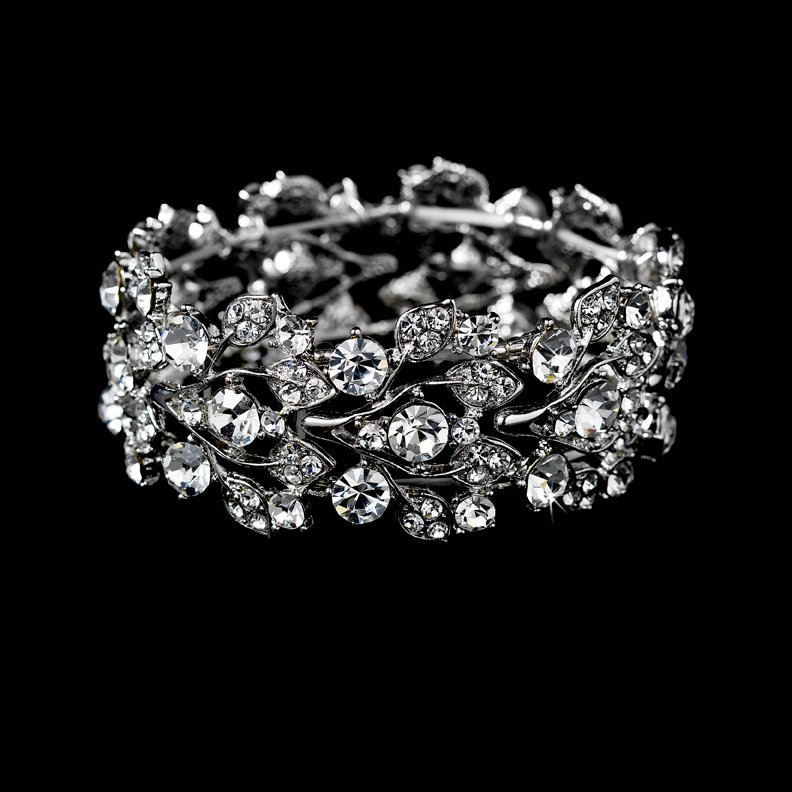 Silver Rhinestone Crystal Leaf Stretch Bracelet