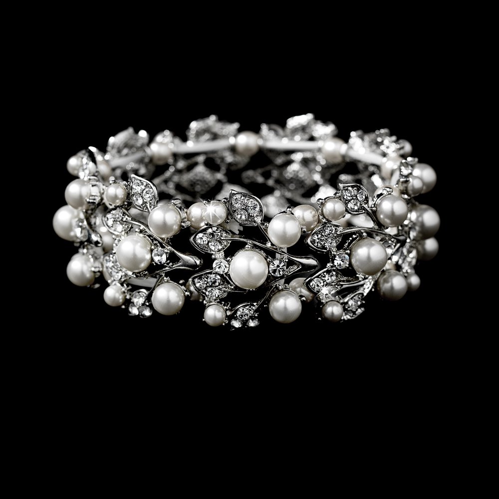 Silver Floral Rhinestone White Pearl Stretch Bracelet