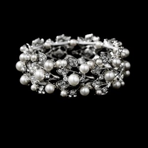 Silver Floral Rhinestone White Pearl Stretch Bracelet