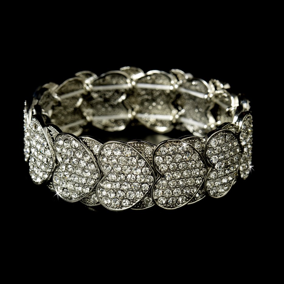 Silver Swarovski Crystal Hearts Stretch Bracelet