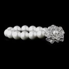 Silver Rhinestone Flower White Pearl Stretch Bracelet