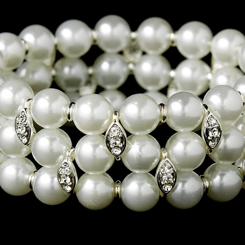 Silver White Pearl Rhinestone Stretch Bracelet
