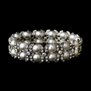Silver White Pearls AB Rhinestone Stretch Bracelet