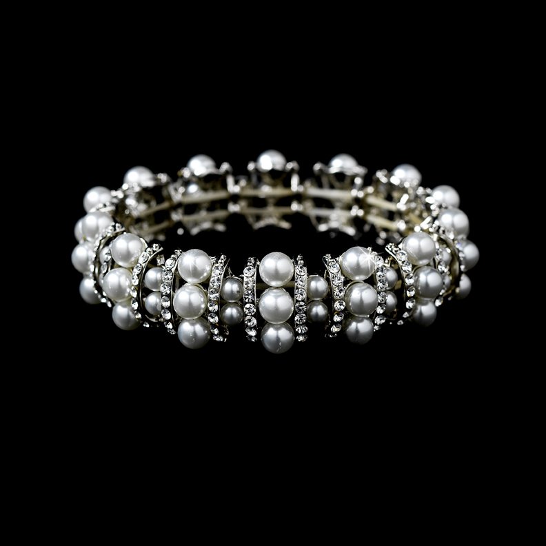 Silver Rhinestone Crystal White Pearl Bracelet
