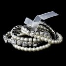 Silver White Pearl Round Crystal Stretch Bracelet