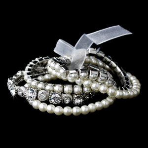 Silver White Pearl Round Crystal Stretch Bracelet