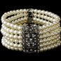 Silver Rhodium Clear Crystal Pearl Stretch Bracelet