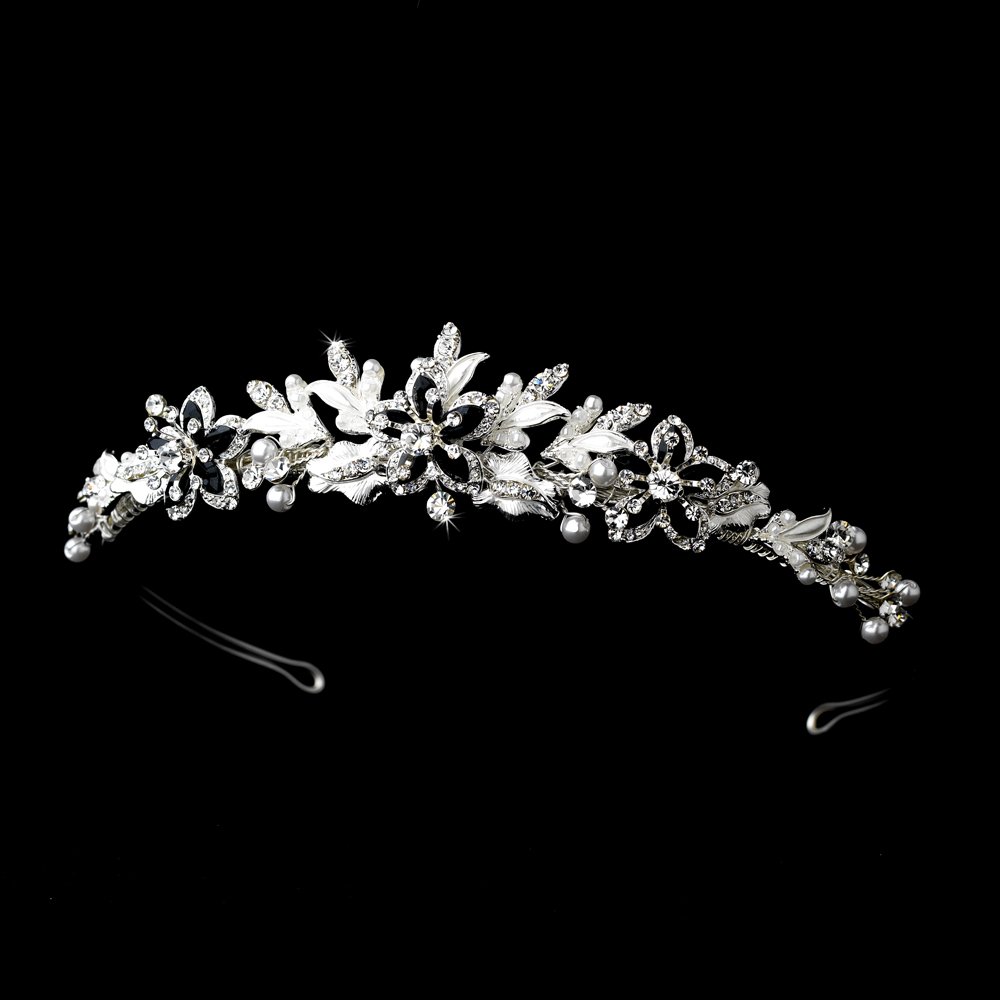 Silver Crystal White Pearl Black Floral Bridal Tiara