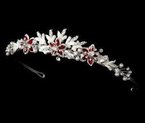 Silver Crystal White Pearl Red Floral Bridal Tiara