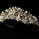 Gold Floral Pearl Cluster Rhinestone Bridal Tiara