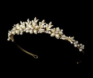 Gold Crystal Ivory Pearl Floral Bridal Tiara