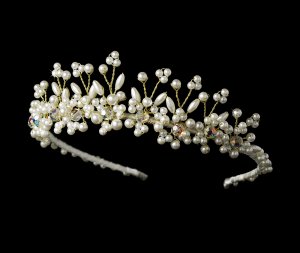 Gold Ivory Pearl AB Swarovski Crystal Bridal Tiara