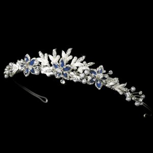 Silver Crystal White Pearl Blue Floral Bridal Tiara