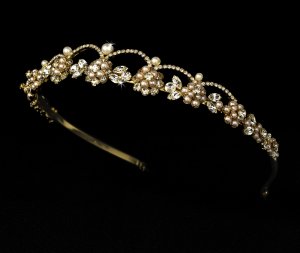 Gold Crystal Ivory Pearl Flower Bridal Tiara