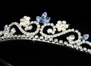 Silver Blue Crystal Pearl Floral Bridal Tiara