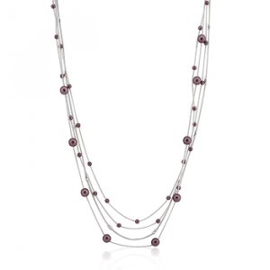 Rhodium Brown Red Bead Multi-Chain Necklace