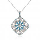 Rhodium Necklace Blue Floral CZ Pendant