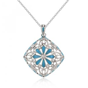 Rhodium Necklace Blue Floral CZ Pendant