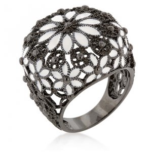 Antique Style Floral White Enamel Cocktail Ring