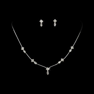 Silver Clear Crystal Dainty Necklace Earring Set