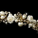 Gold Ivory Pearl Rhinestone Rose Tiara Headband