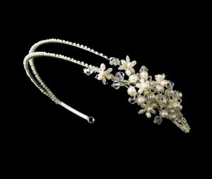 Silver Swarovski Crystal Pearl Floral Headband Tiara