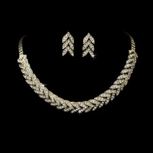 Gold Clear Rhinestone Choker Necklace Earring Set