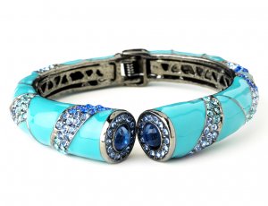 Silver Aqua Enamel Blue Crystal Cuff Bracelet