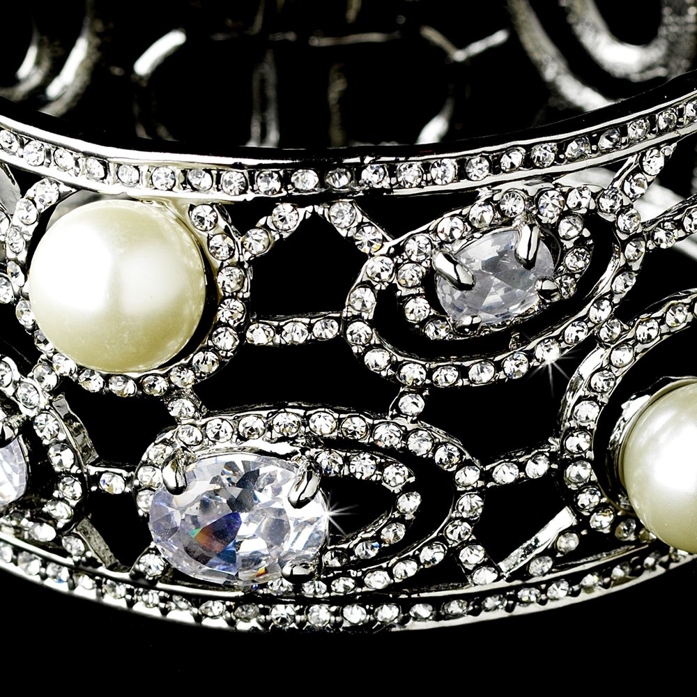 Silver White Pearl Rhinestone Crystal Cuff Bracelet