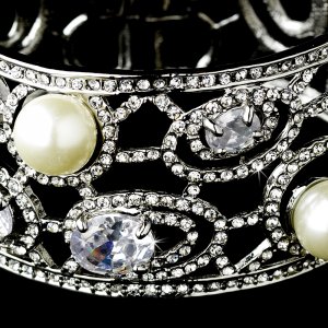 Silver White Pearl Rhinestone Crystal Cuff Bracelet