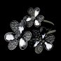 Rhodium Silver Black Crystal Flowers Cuff Bracelet