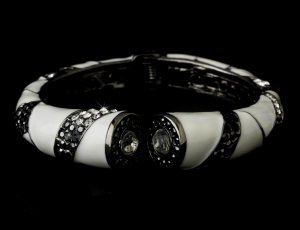 Silver White Enamel Black Crystal Cuff Bracelet