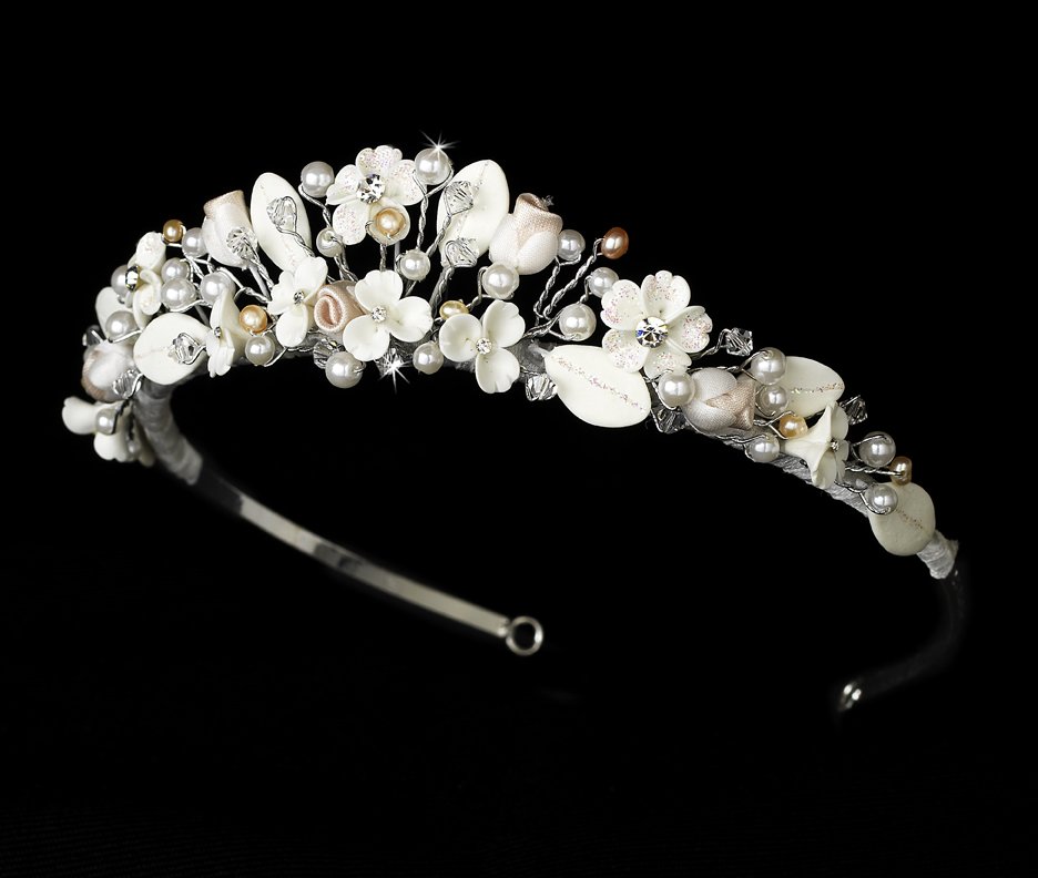 Silver Swarovski Rum Pink Ivory Pearl Flower Tiara