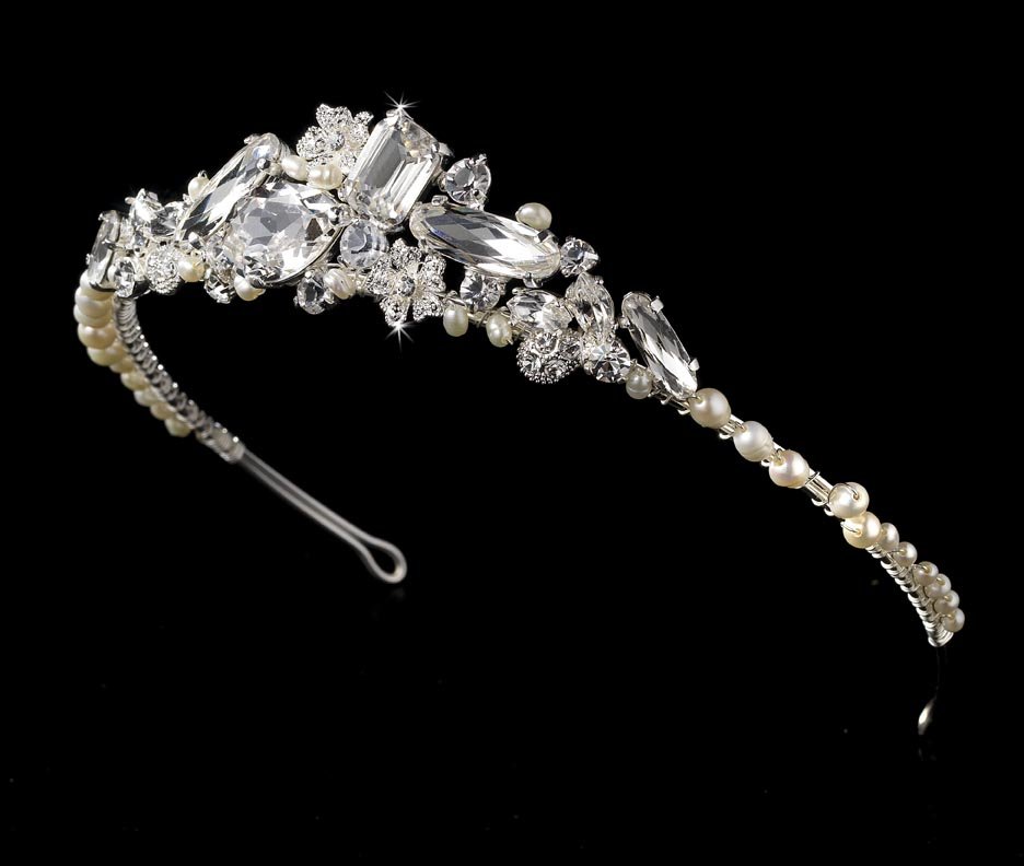 Silver Freshwater Pearl Rhinestone Crystal Bridal Tiara