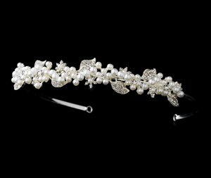 Silver White Pearl Rhinestone Antique Bridal Tiara