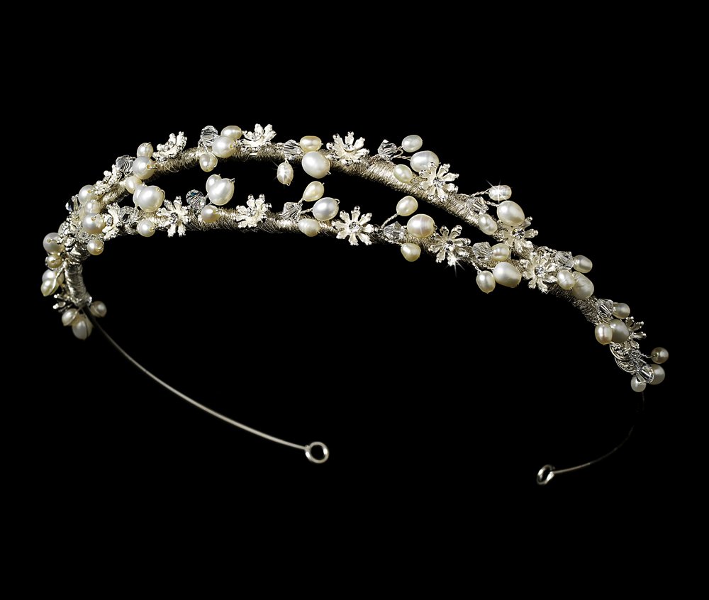 Silver Freshwater Pearl Rhinestone Floral Tiara