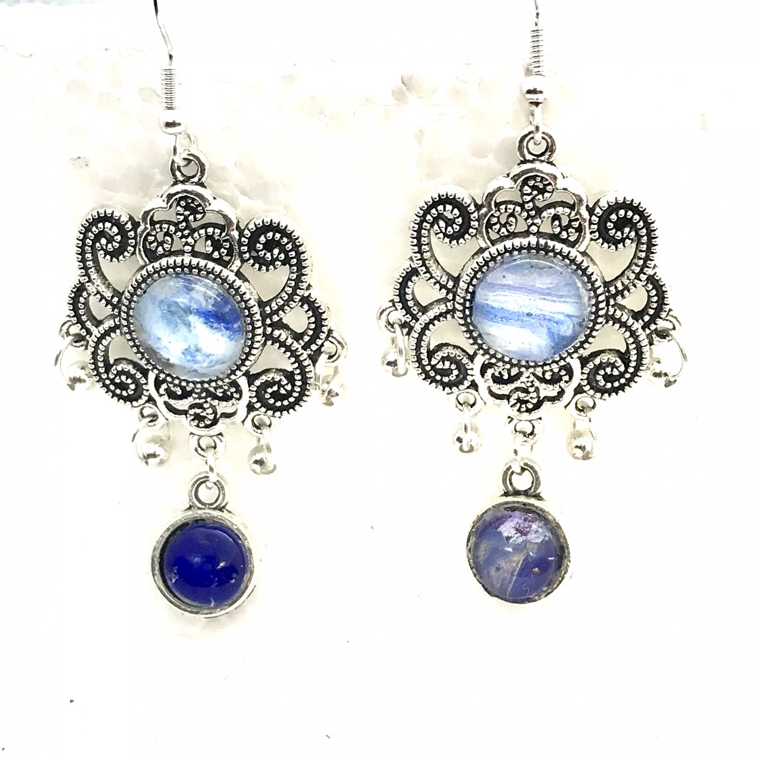 Dangle drop earrings hand painted oval 12mm 925 silver hooks