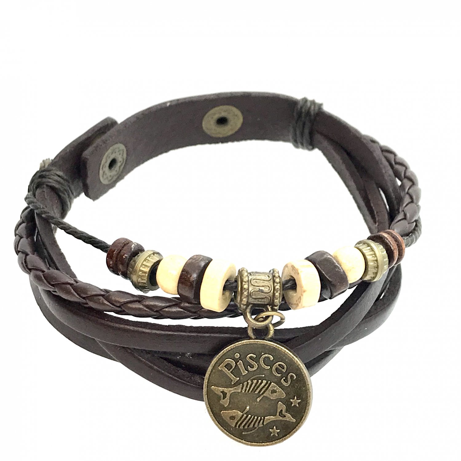 Pisces Horoscope leather bracelet metal details zodiac brown